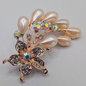 Flower Brooch - Rose Gold Tone - Rhinestones/Faux Pearls - NWOT